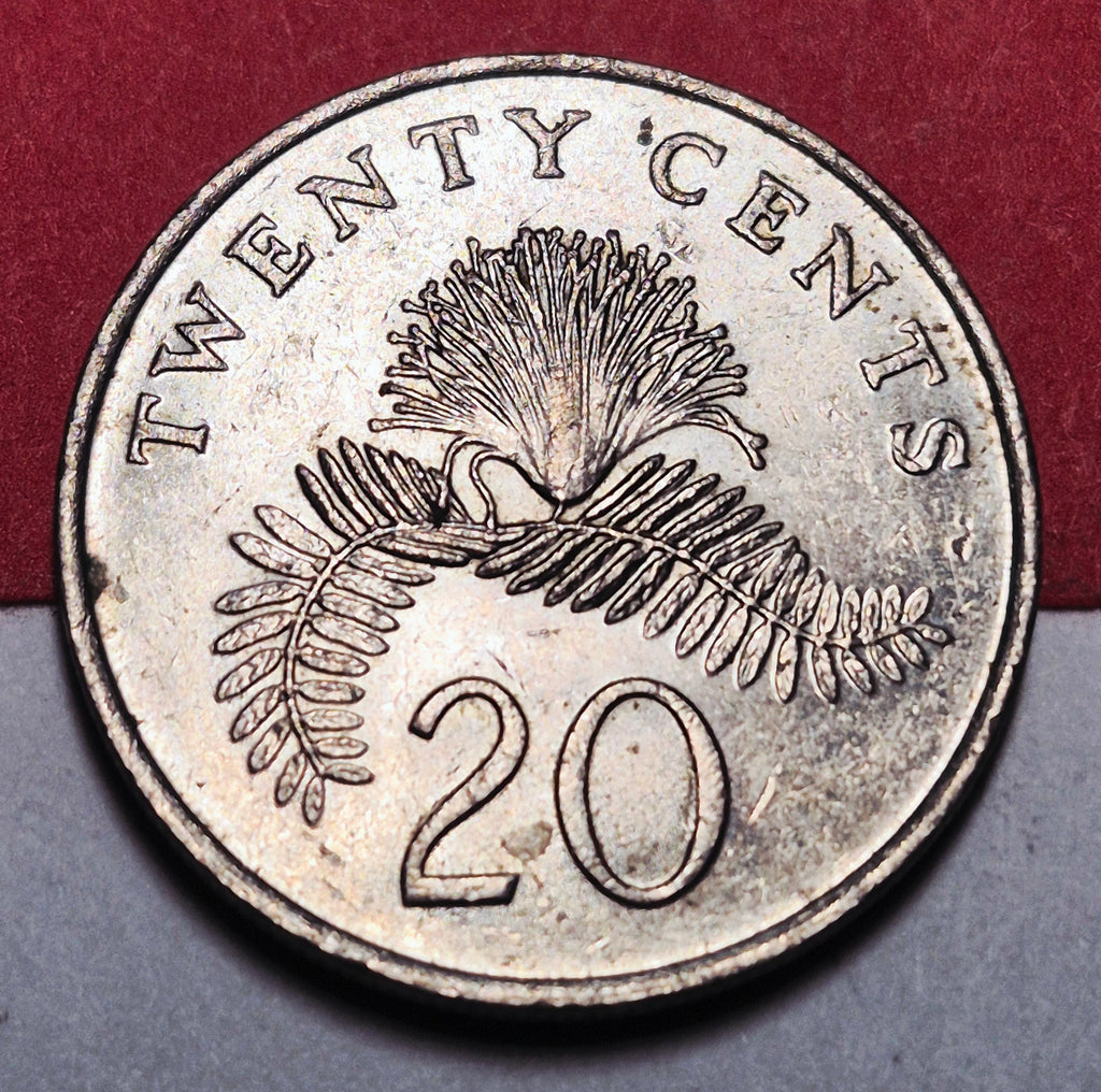 1985 Republic of Singapore 20 Cents — Cold War Era — Powder Puff Plant — VF+ to EF