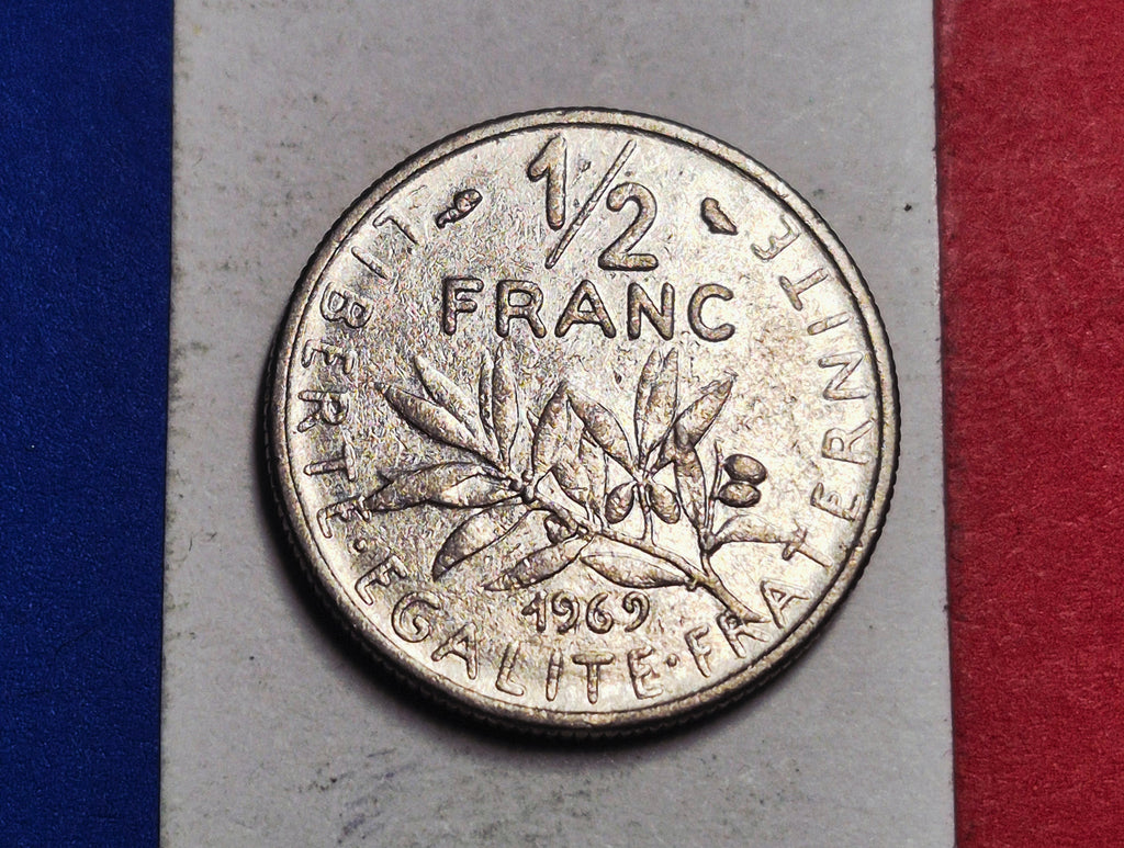 1969 French Republic 1/2 Franc — Cold War / Fifth Republic — Semeuse (The Sower) — Fine
