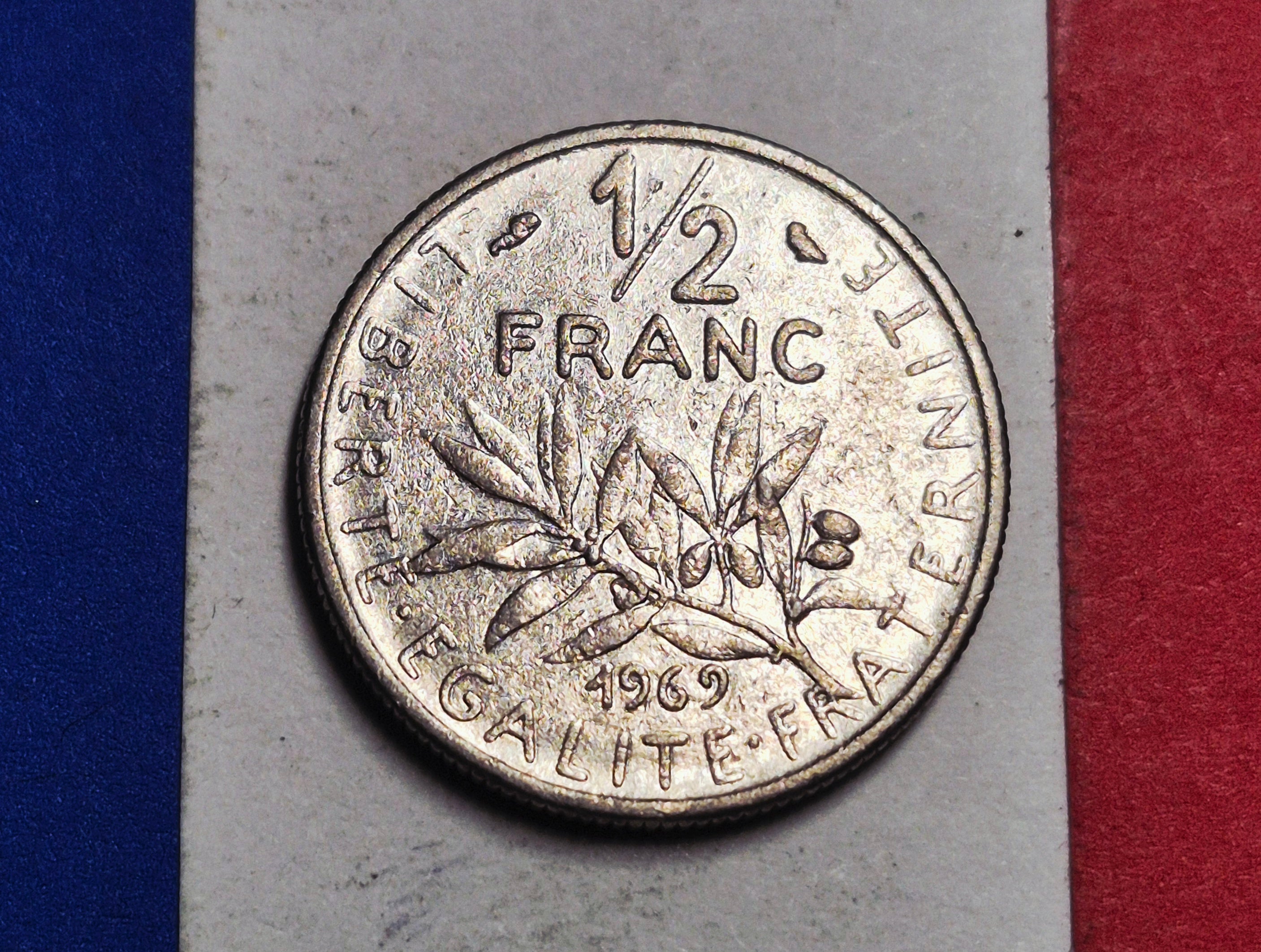 1969 French Republic 1/2 Franc — Cold War / Fifth Republic — Semeuse (The Sower) — Fine