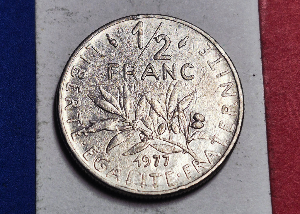 1977 French Republic 1/2 Franc — Cold War / Fifth Republic — Semeuse (The Sower) — VG+ to Fine