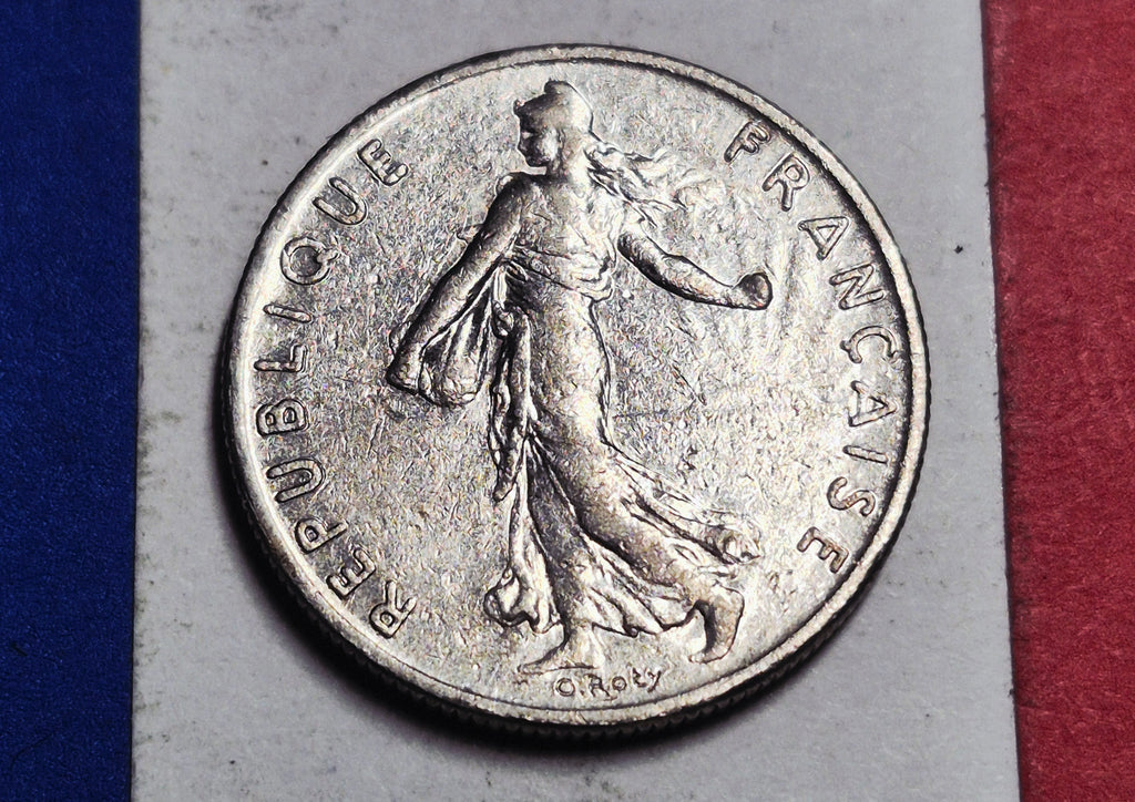 1977 French Republic 1/2 Franc — Cold War / Fifth Republic — Semeuse (The Sower) — VG+ to Fine