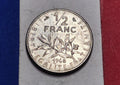 1968 French Republic 1/2 Franc — Cold War / Fifth Republic — Semeuse (The Sower) — F+ to VF