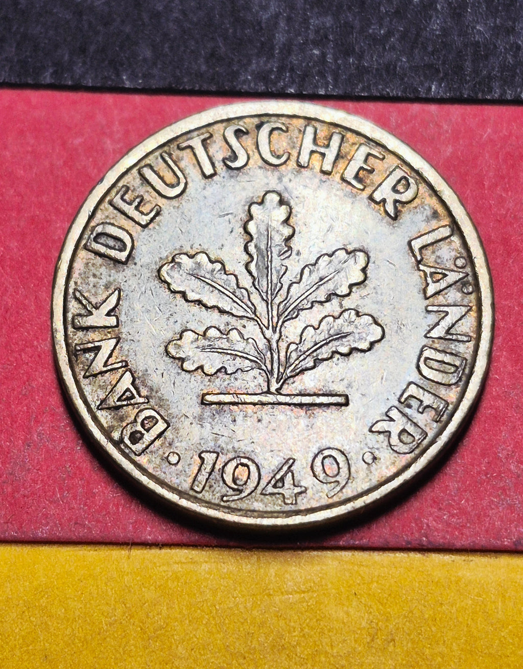 1949 West Germany 5 Pfennig — Post-WWII / Bank Deutscher Lander — Oak Sapling — Fine to VF