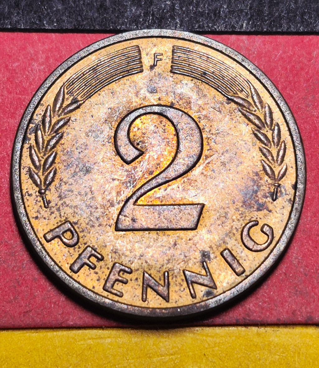 1965-F West Germany 2 Pfennig — Cold War / Federal Republic — Oak Sapling Bronze — F+ to VF