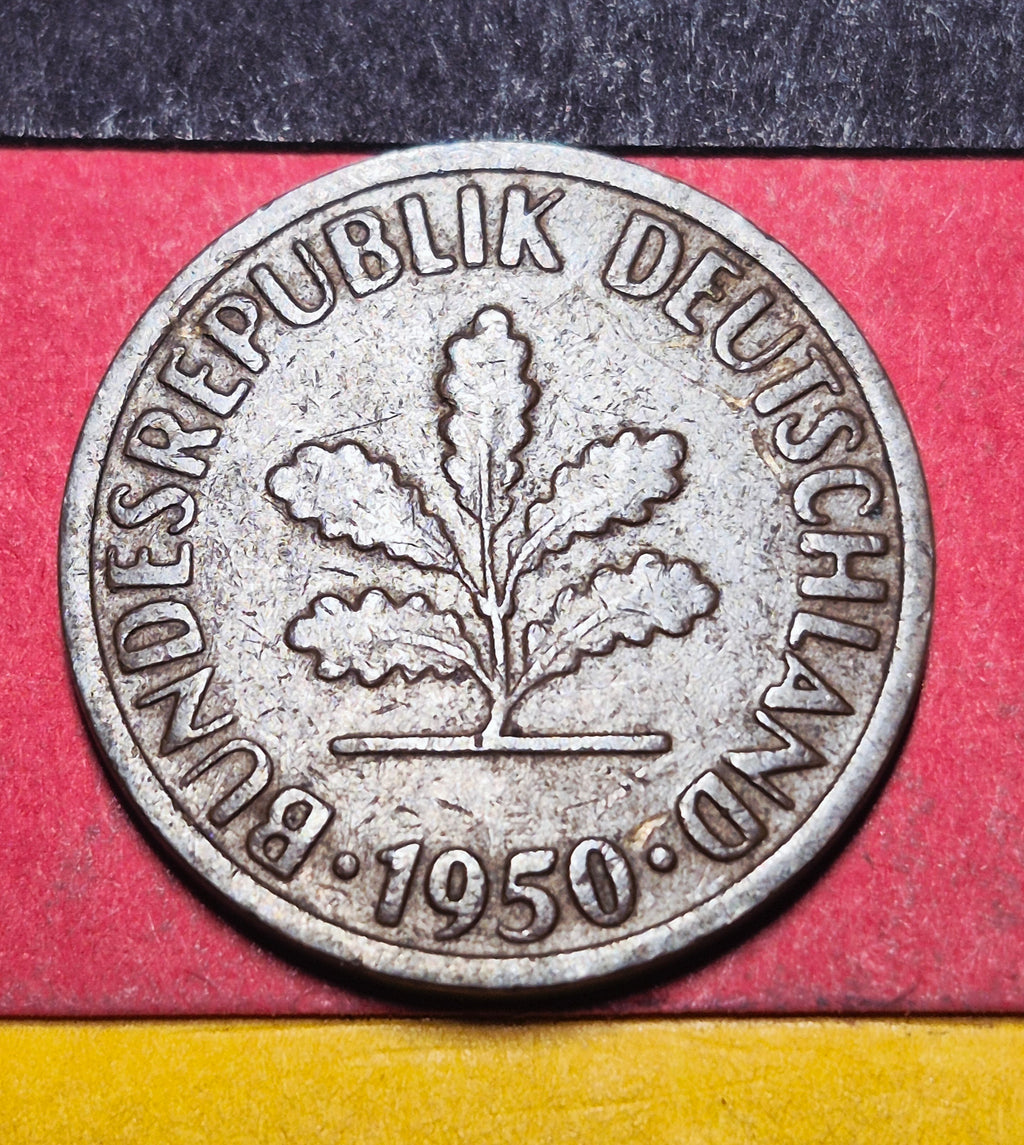 1950-G West Germany 2 Pfennig — Post-WWII / Federal Republic — Oak Sapling Bronze — Fine
