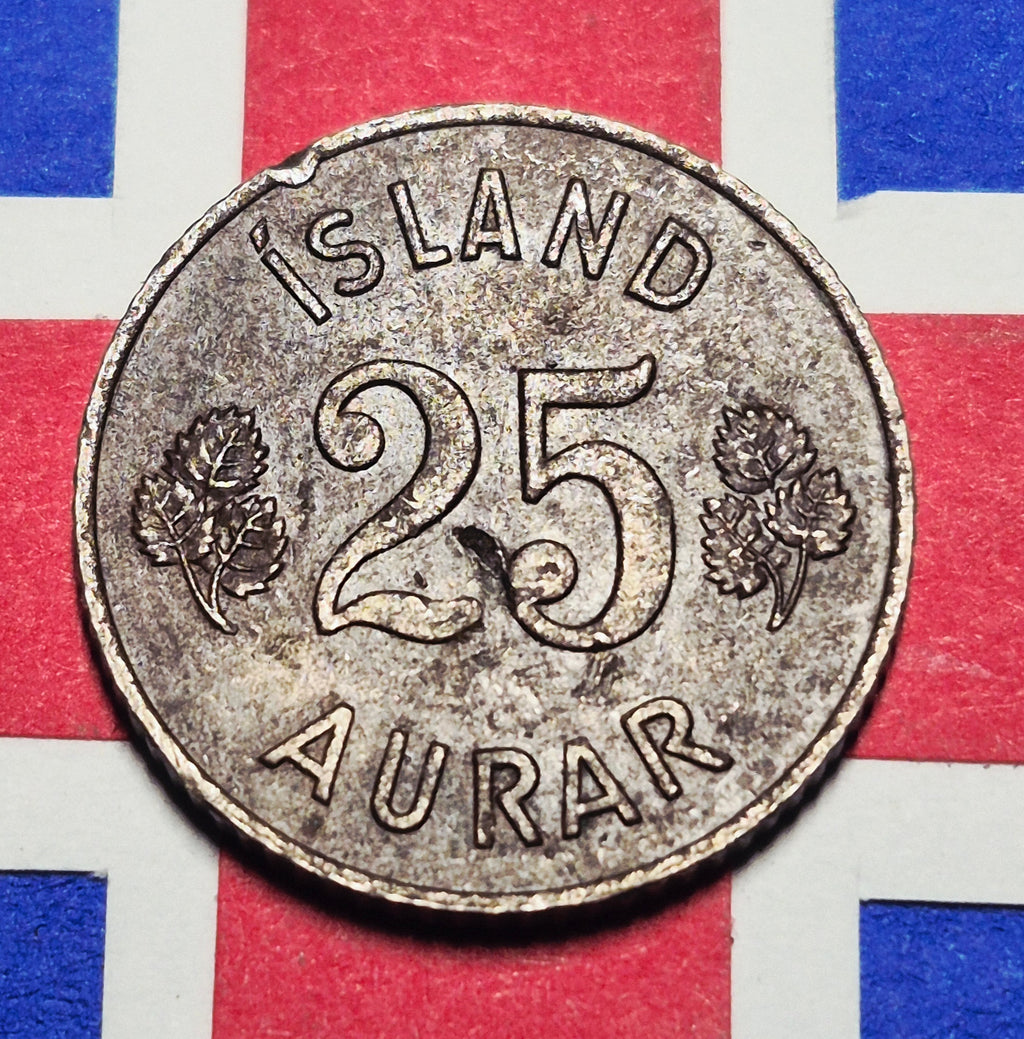1967 Republic of Iceland 25 Aurar — Cold War / Republic — Birch Leaves and Cross Shield — F+ to VF