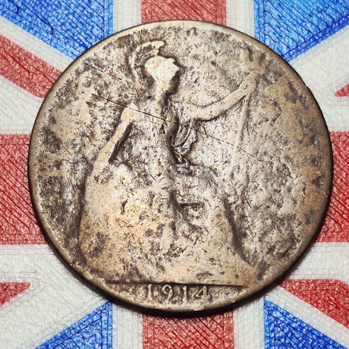 1914 Great Britain One Penny — WWI — George V / Britannia — G+ to VG