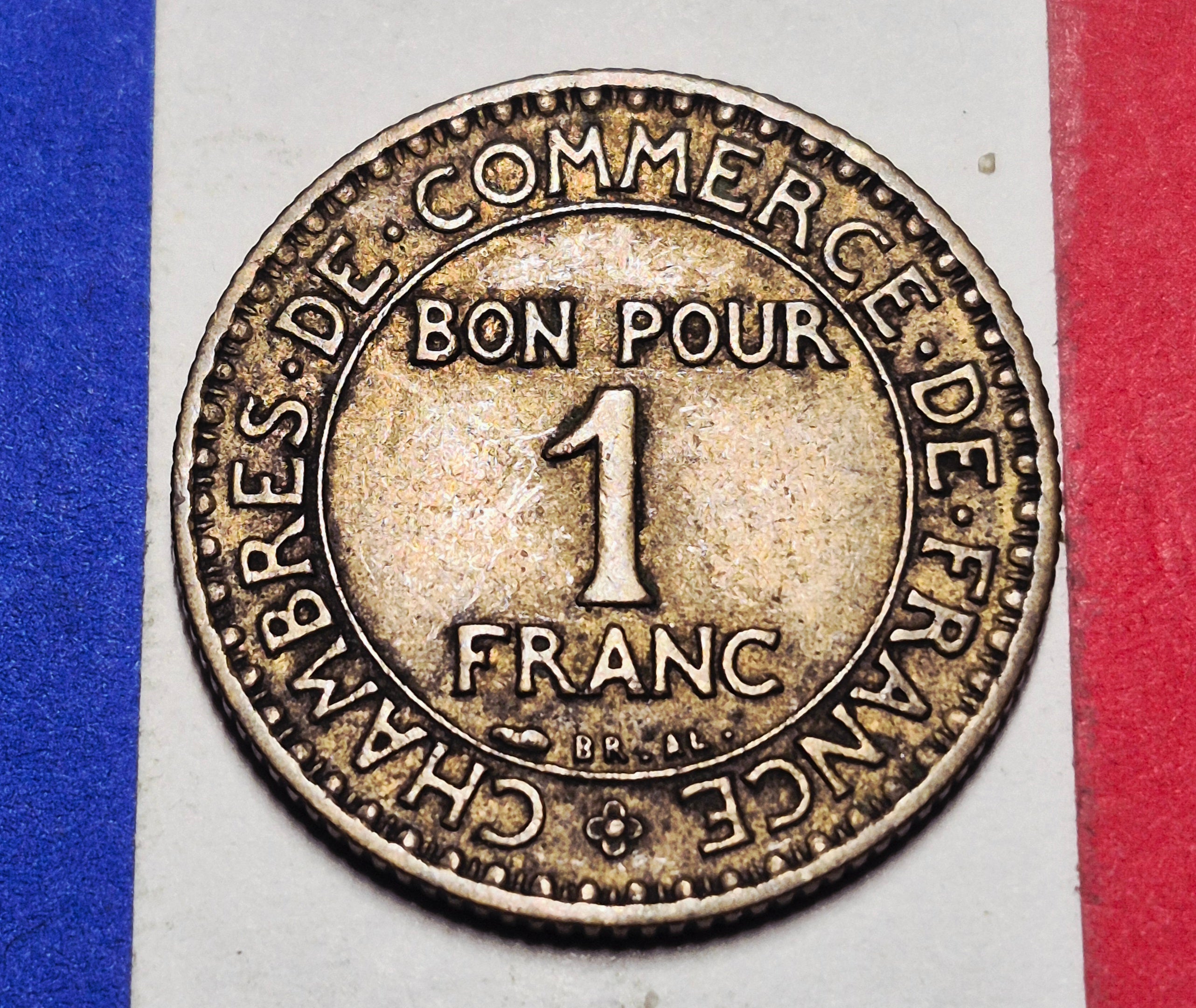 1923 France 1 Franc — Interwar — Chamber of Commerce / Mercury — VF+ to EF