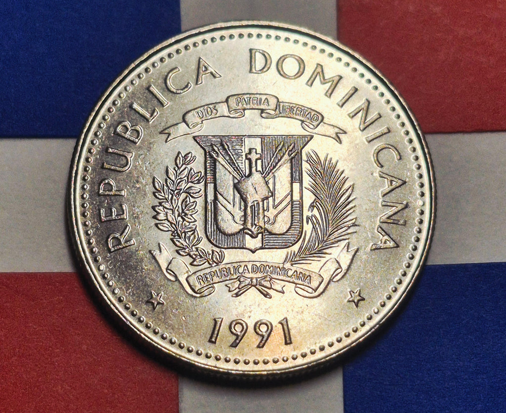 1991 Dominican Republic 25 Centavos — Cold War — Ox Cart / National Arms — EF+ to AU