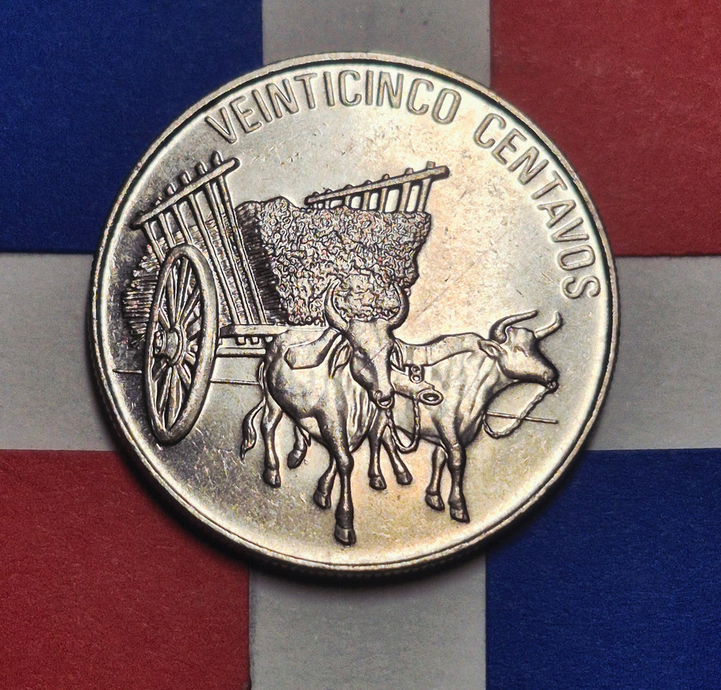 1991 Dominican Republic 25 Centavos — Cold War — Ox Cart / National Arms — EF+ to AU