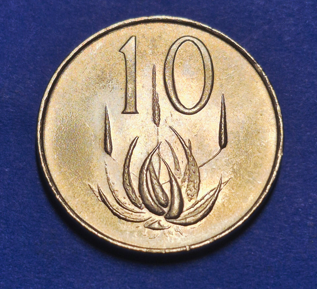 1970 South Africa 10 Cents — Cold War — National Arms / Cape Aloe — F+ to VF