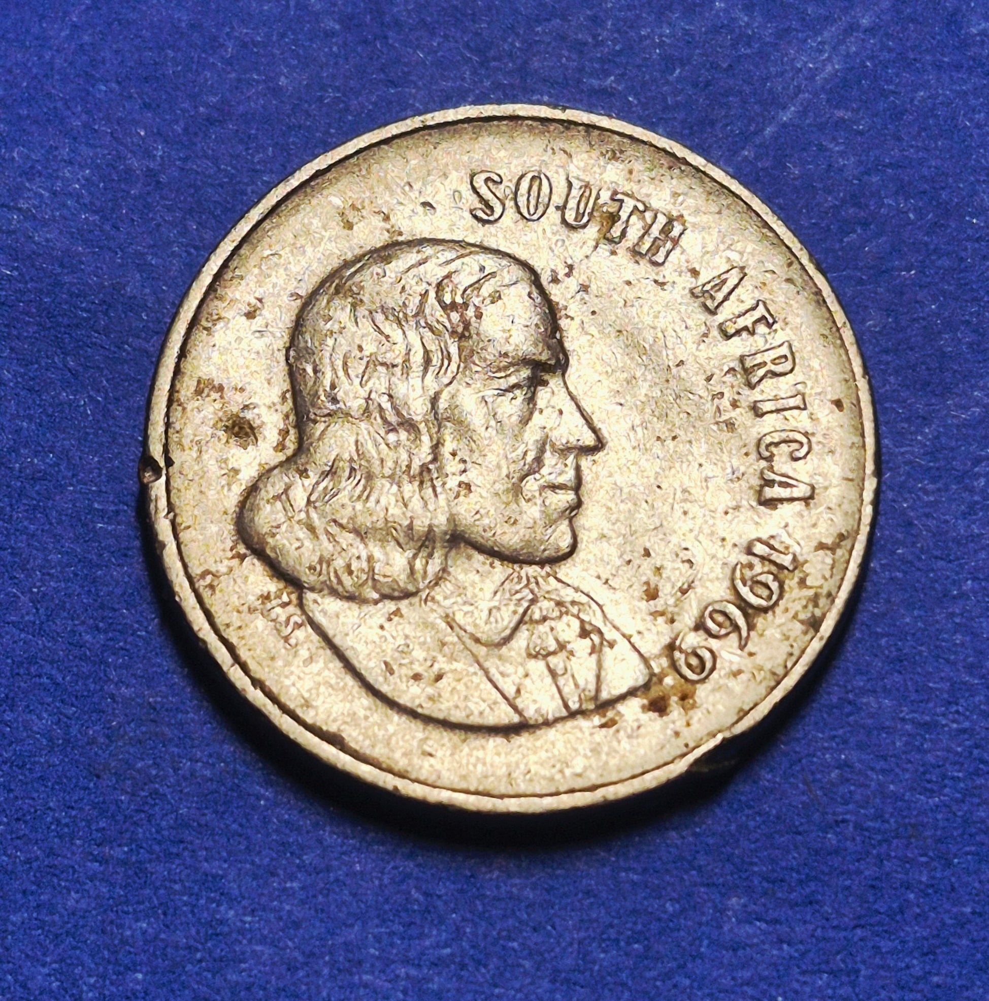 1969 South Africa 5 Cents — Cold War — Jan van Riebeeck / Blue Crane — F