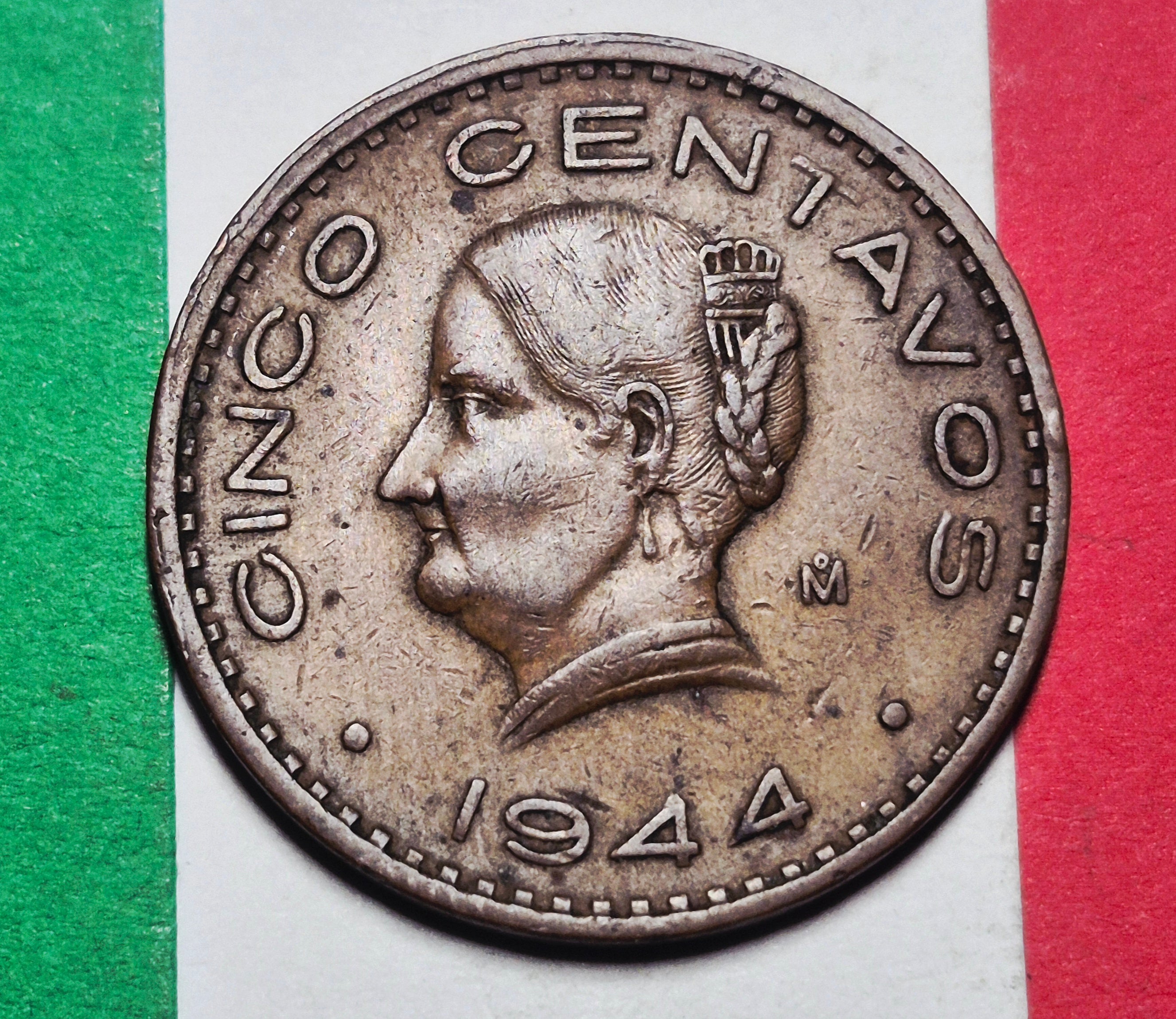 1944 Mexico 5 Centavos — WWII / Estados Unidos Mexicanos — Josefa Ortiz de Dominguez Portrait — VG+ to VF