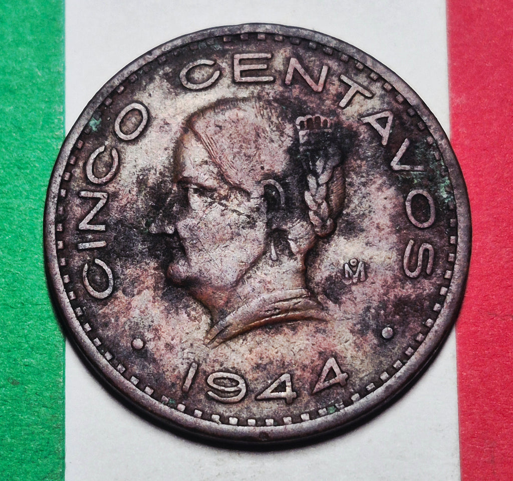 1944 Mexico 5 Centavos — WWII / Estados Unidos Mexicanos — Josefa Ortiz de Dominguez Portrait — VG+ to VF