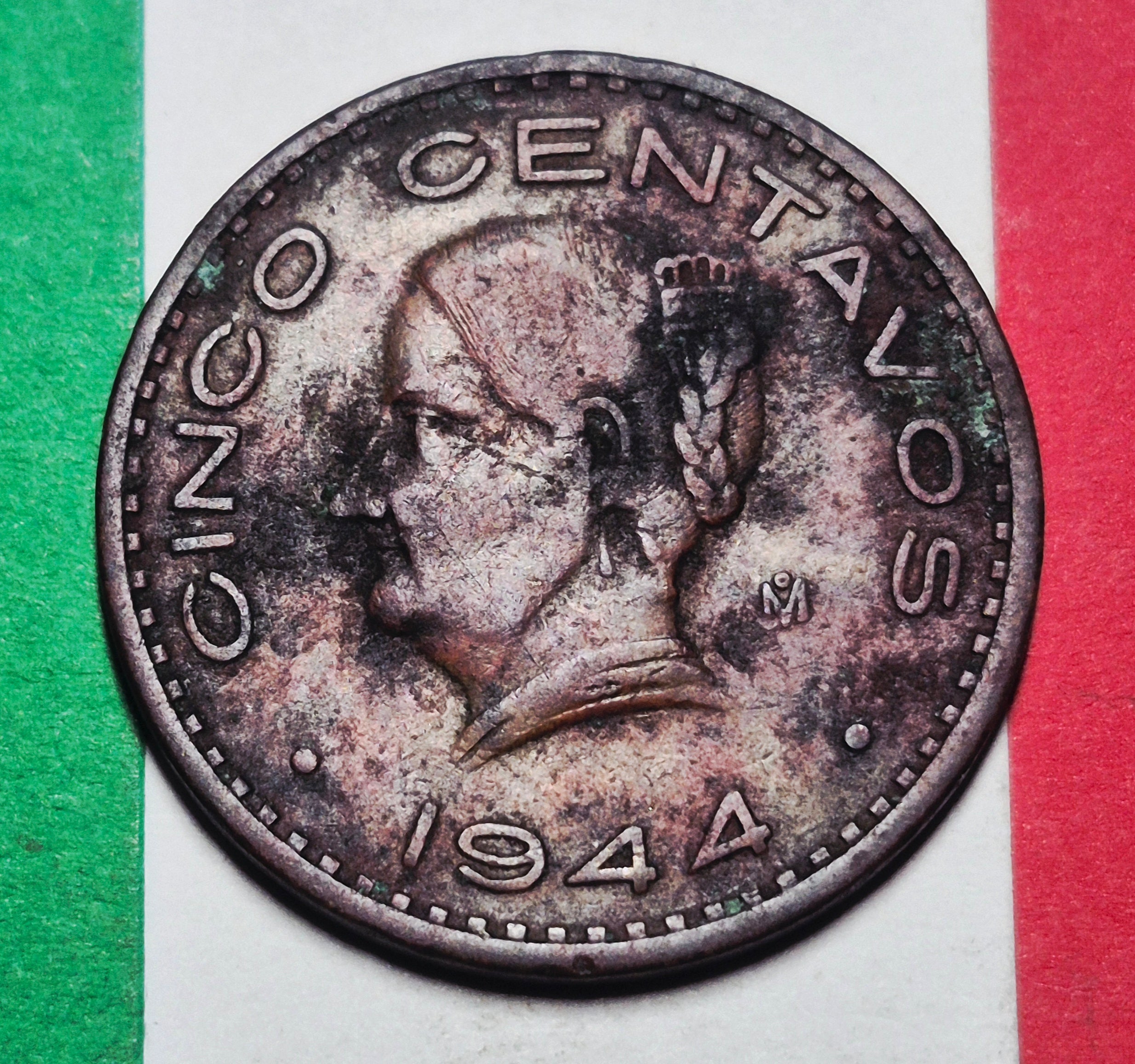 1944 Mexico 5 Centavos — WWII / Estados Unidos Mexicanos — Josefa Ortiz de Dominguez Portrait — VG+ to VF