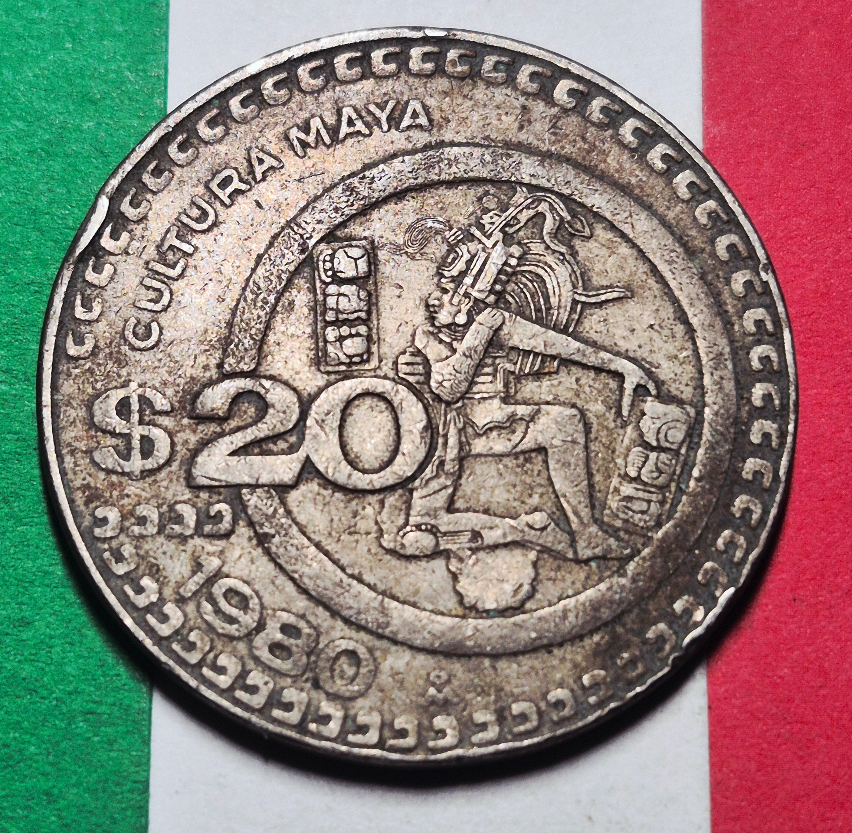 1980 Mexico 20 Pesos — Cold War / Estados Unidos Mexicanos — Cultura Maya Ball Player — F to VF