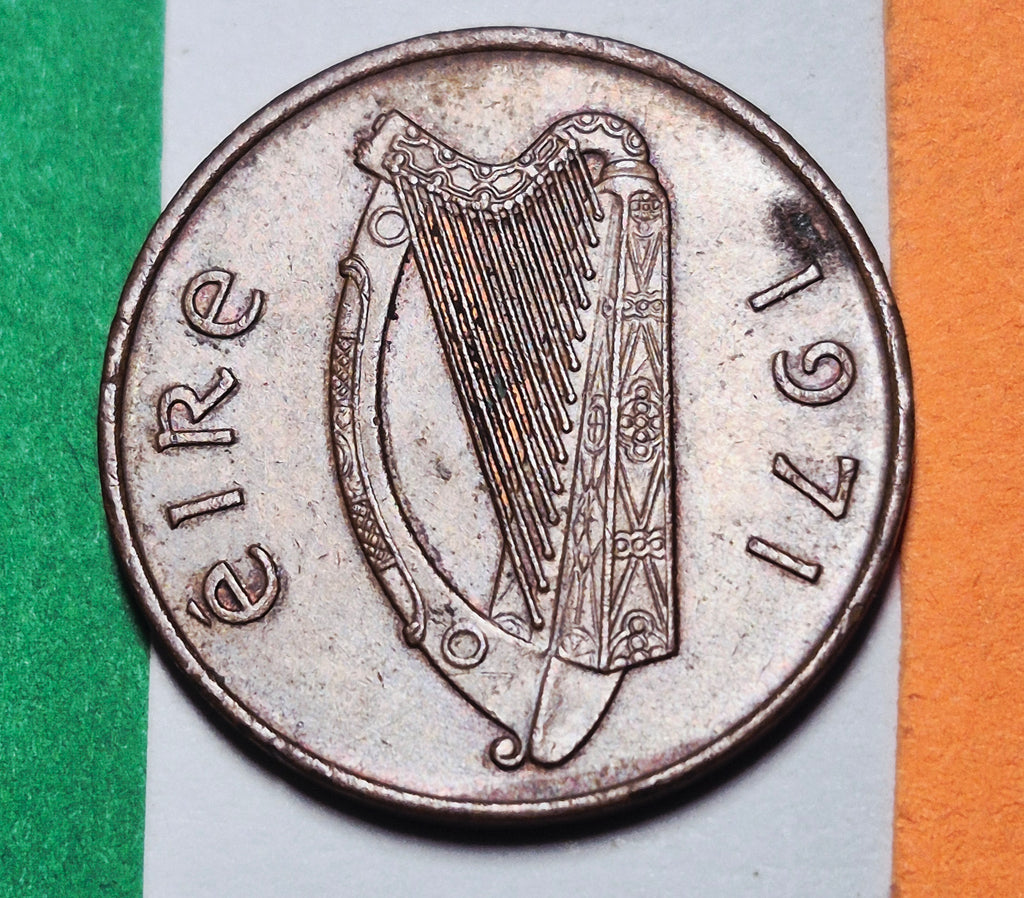 1971 Ireland 1 Penny — Cold War / Eire — Book of Kells Celtic Bird — F to F+