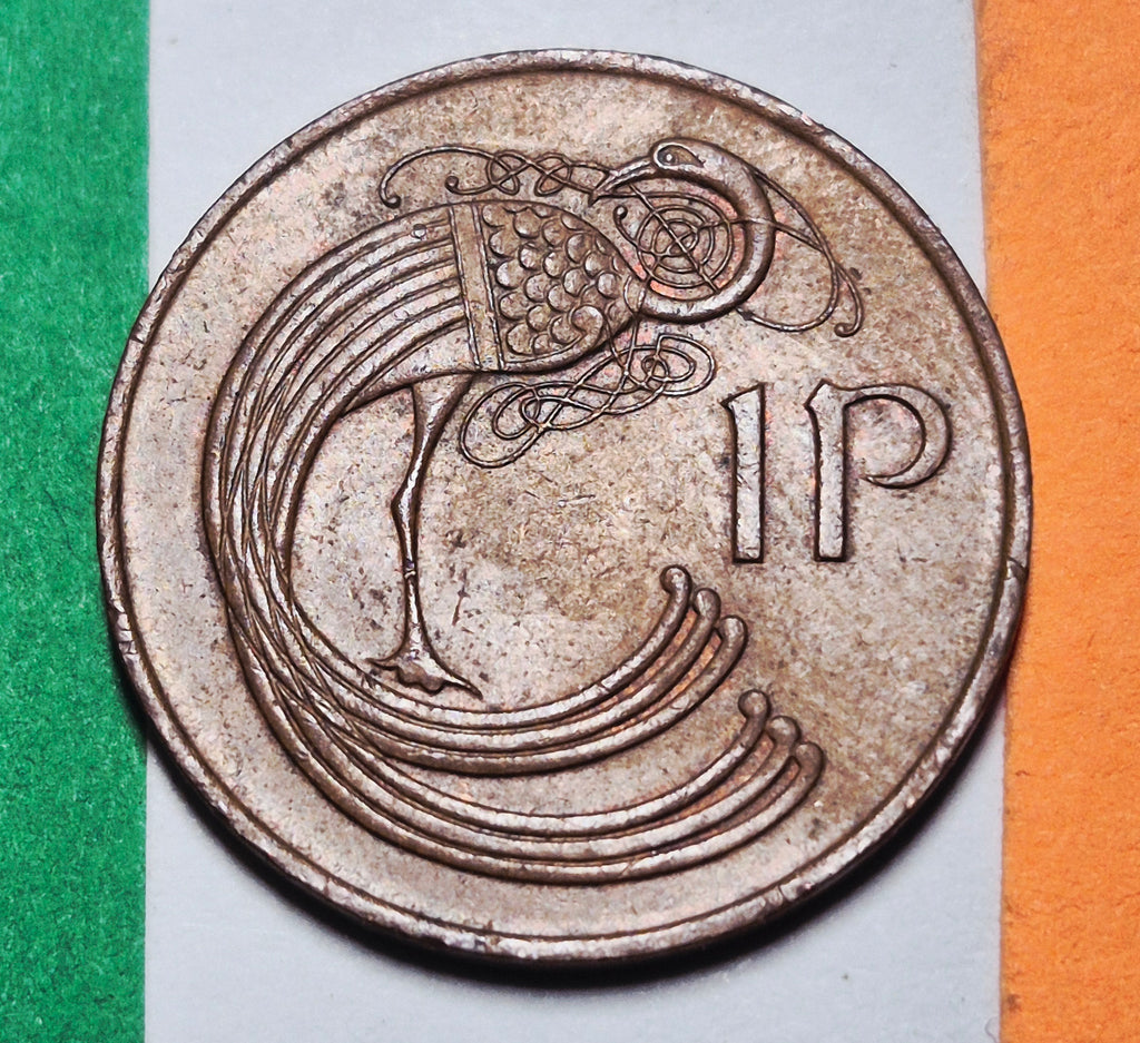 1971 Ireland 1 Penny — Cold War / Eire — Book of Kells Celtic Bird — F to F+
