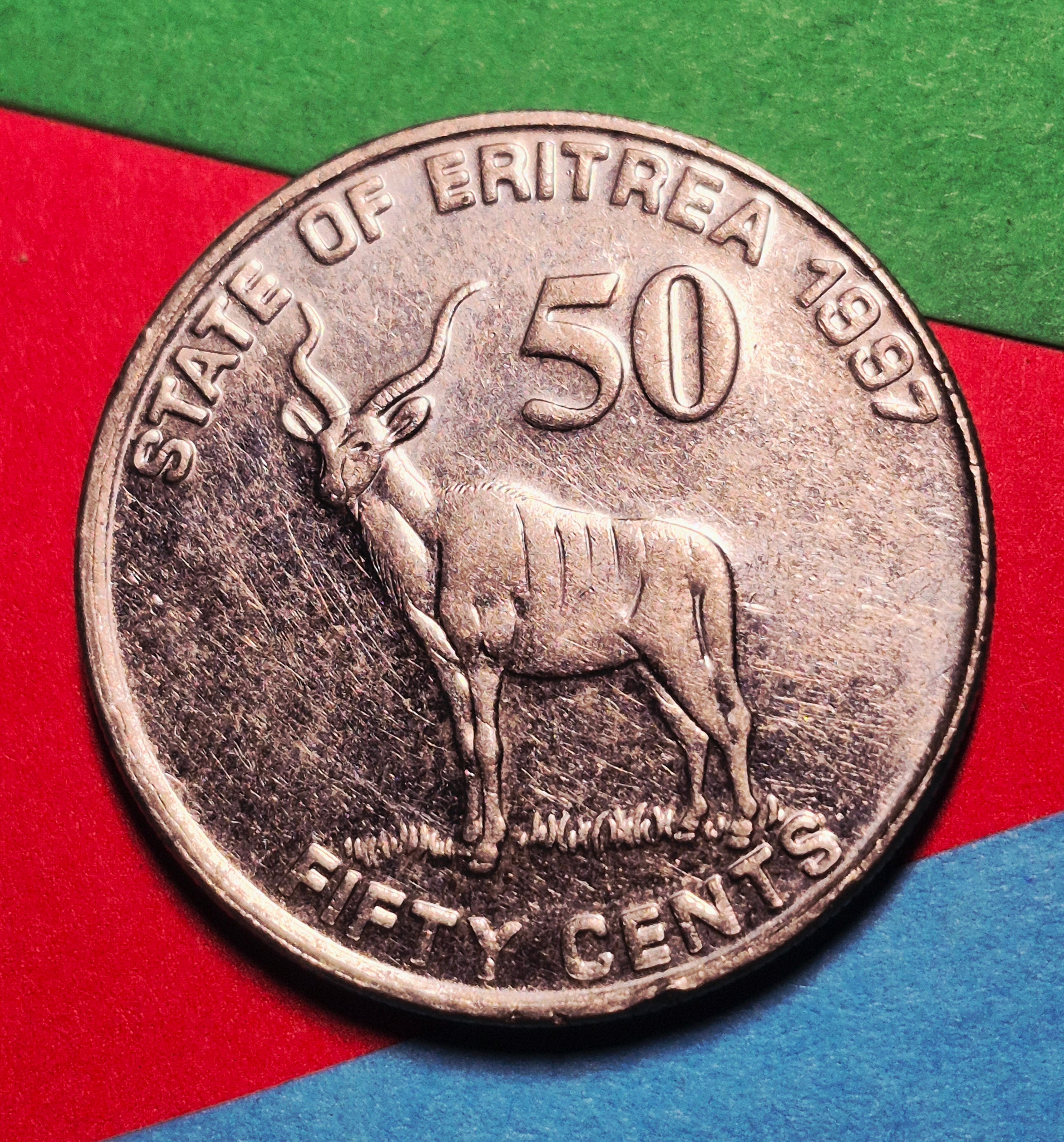 1997 Eritrea 50 Cents — Modern Vintage / State of Eritrea — Greater Kudu / Independence Fighters — EF+ to AU