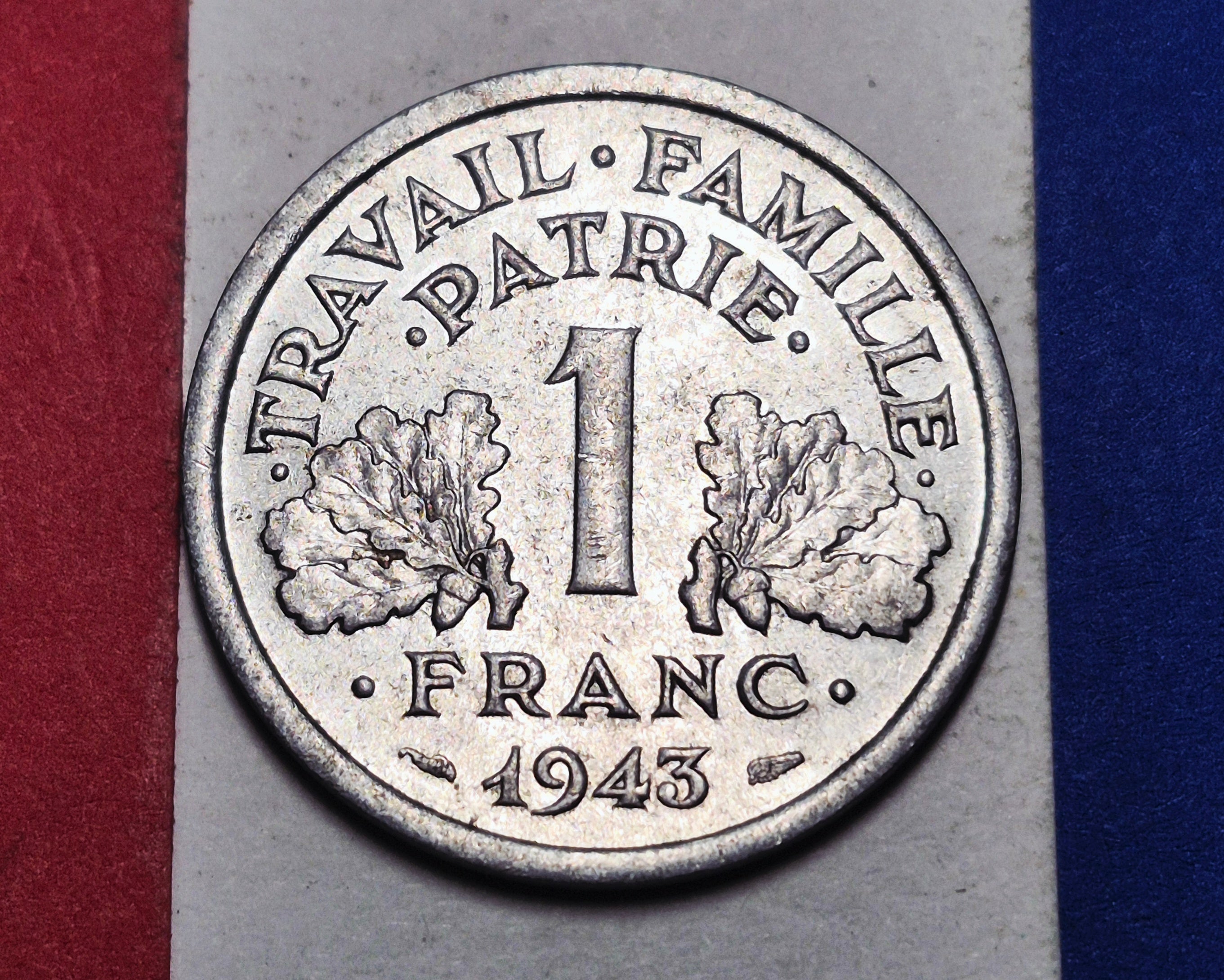 1943 France 1 Franc — WWII / Etat Francais (Vichy) — Francisque Axe — F to EF