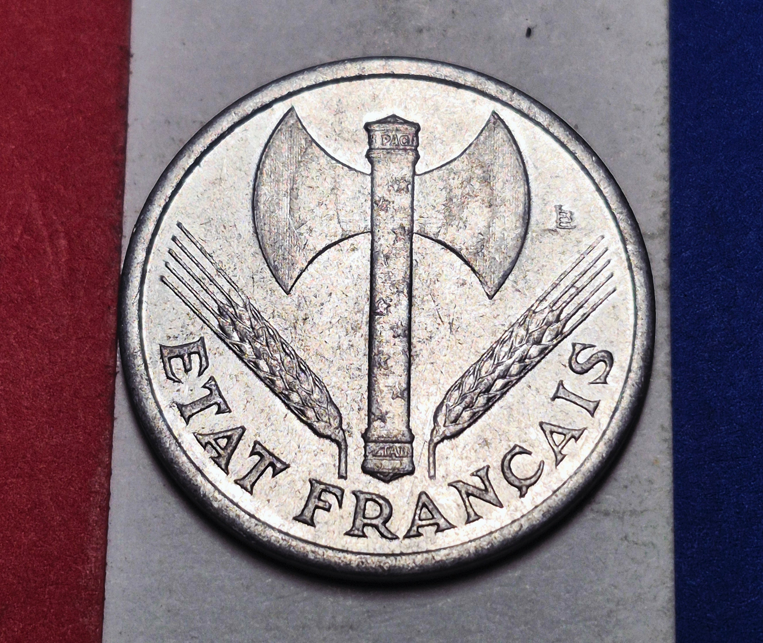 1943 France 1 Franc — WWII / Etat Francais (Vichy) — Francisque Axe — F to EF