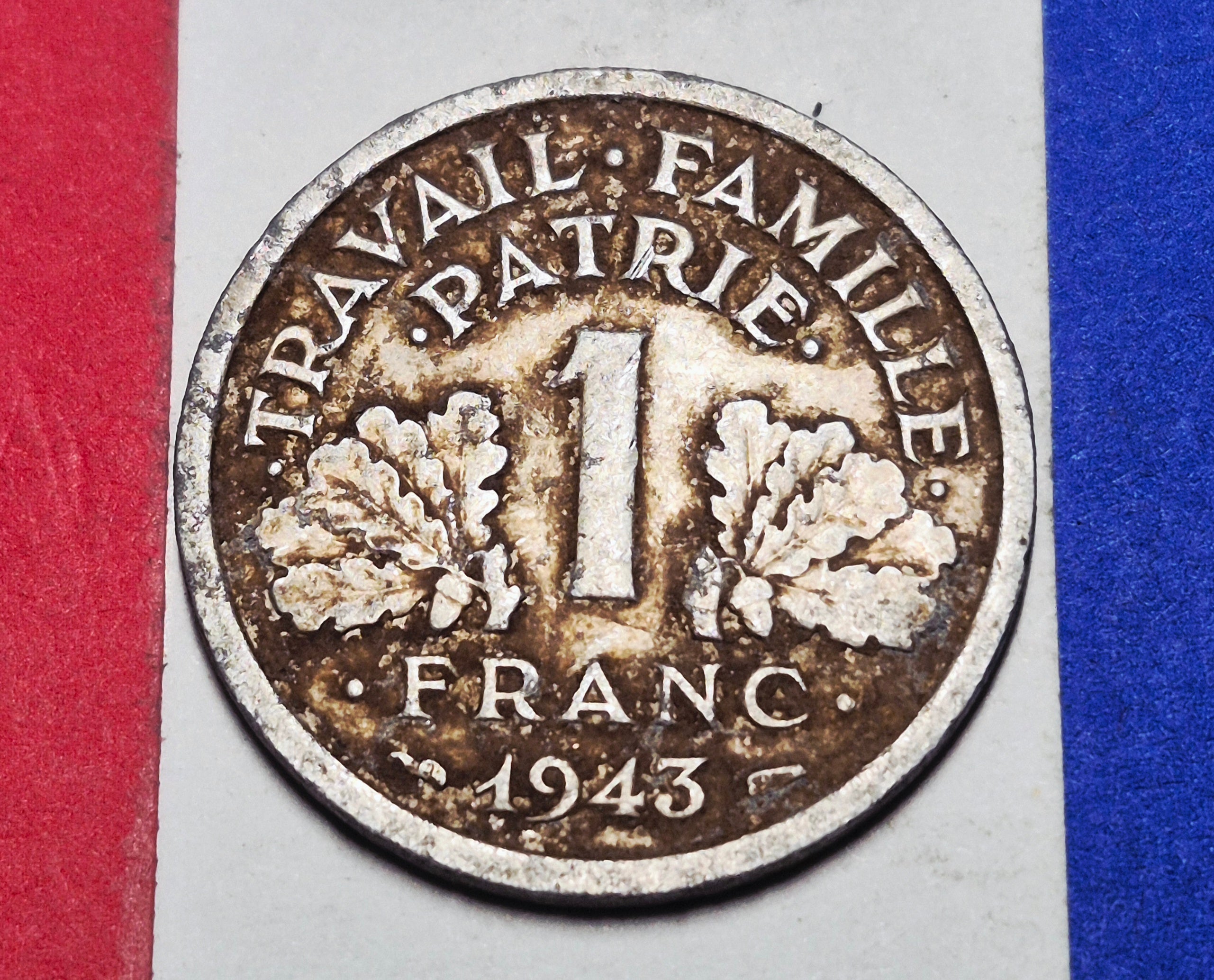 1943 France 1 Franc — WWII / Etat Francais (Vichy) — Francisque Axe — F to EF