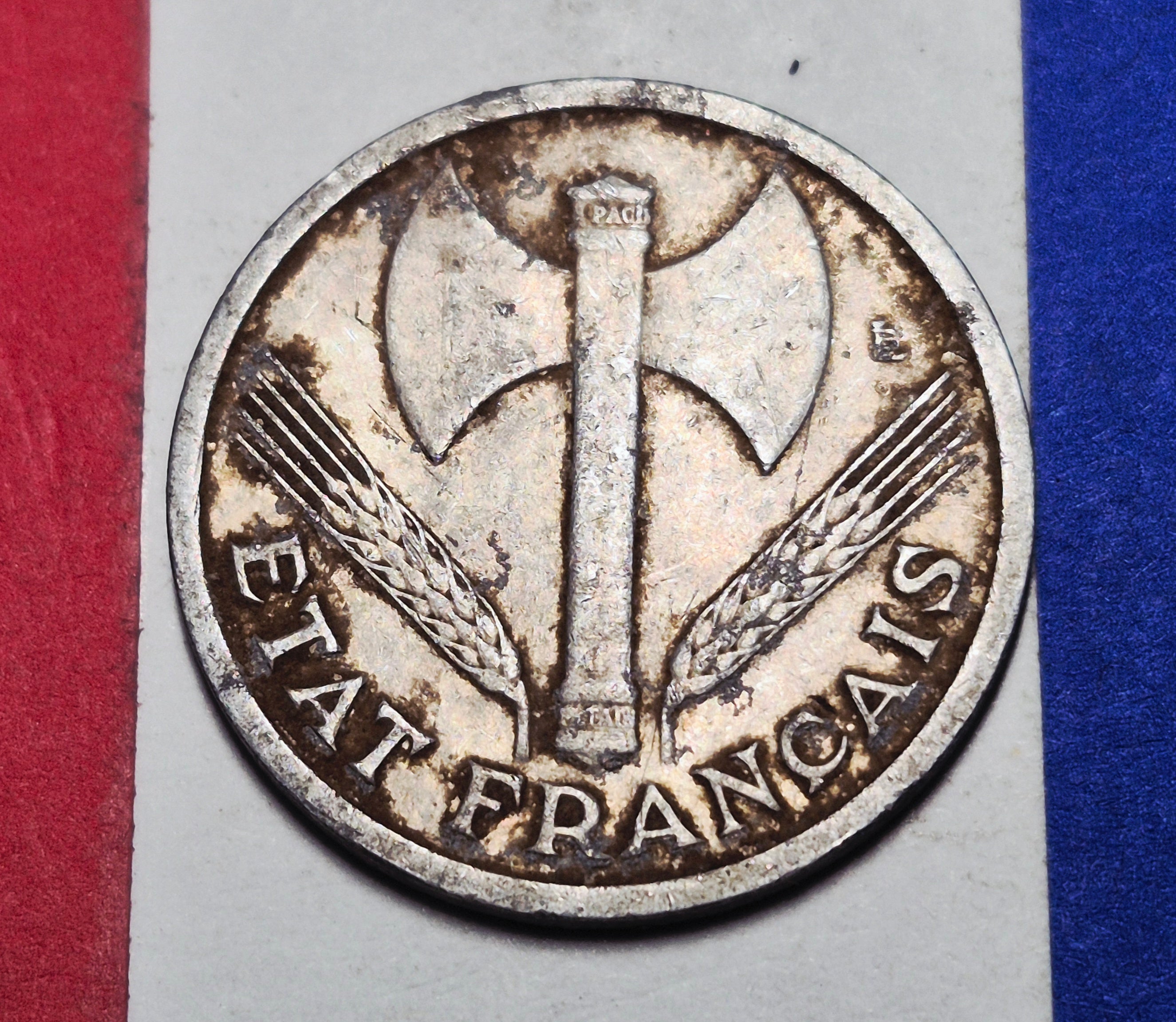 1943 France 1 Franc — WWII / Etat Francais (Vichy) — Francisque Axe — F to EF