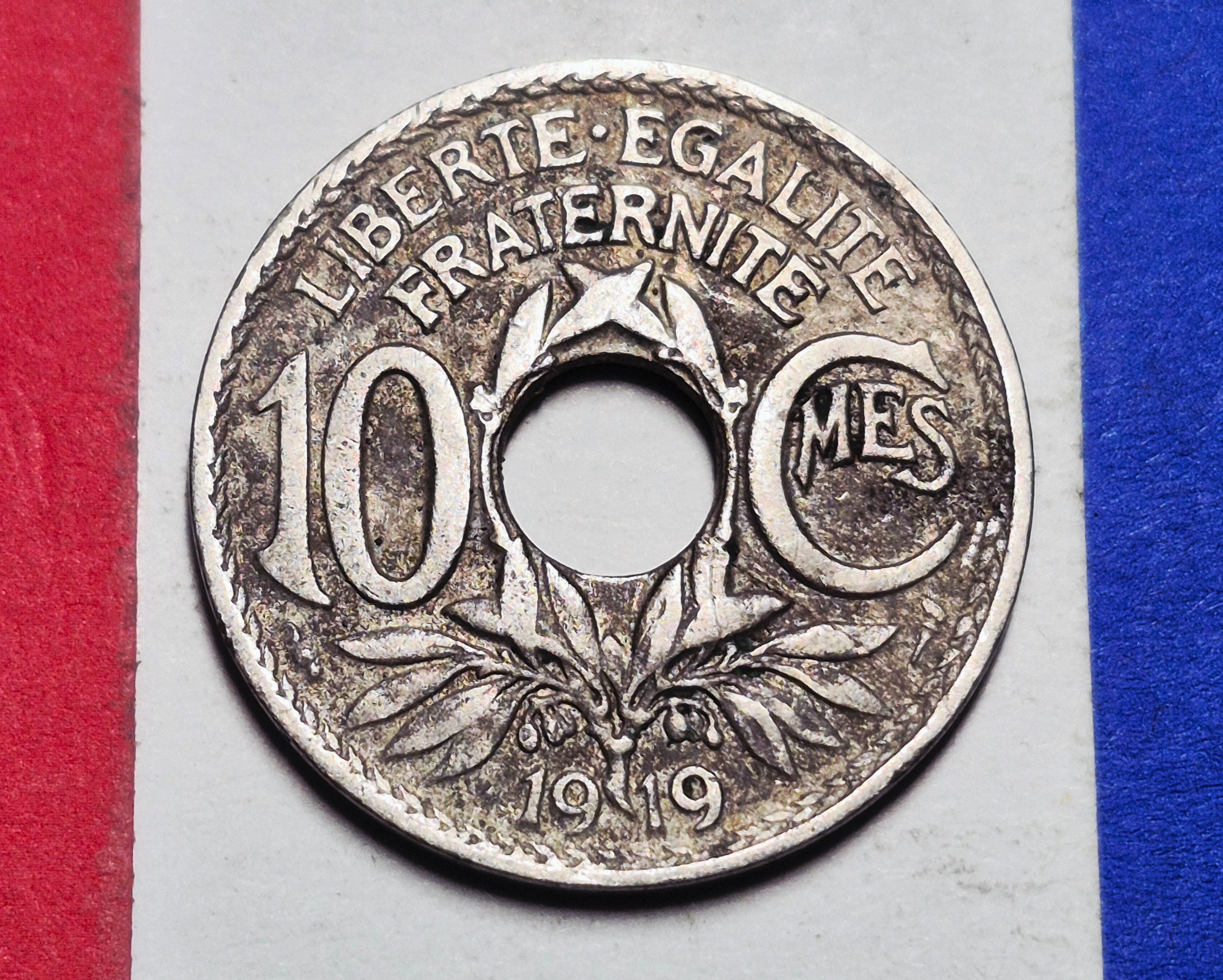 1919 France 10 Centimes — Interwar / Republique Francaise — Lindauer Center Hole — F to F+