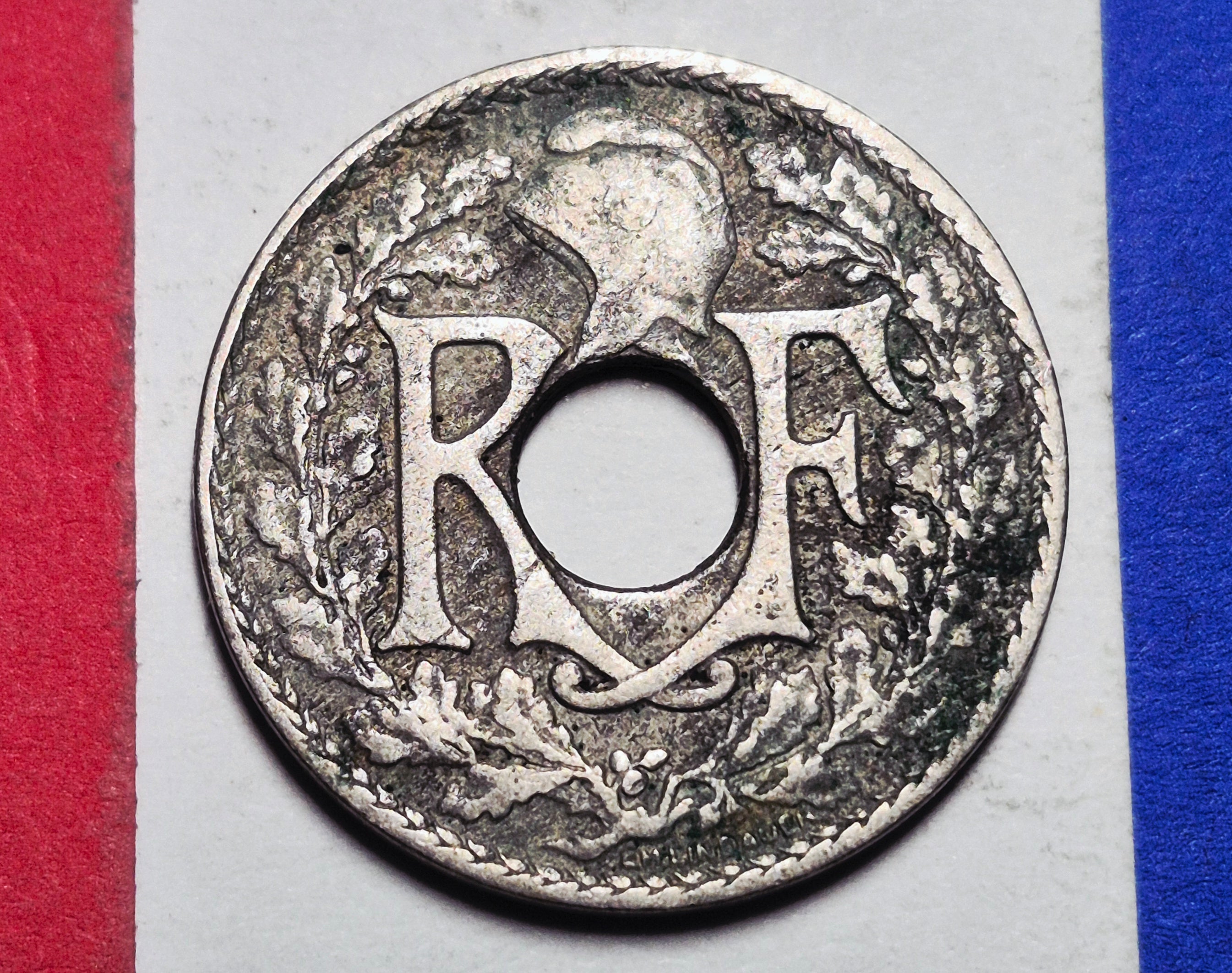 1919 France 10 Centimes — Interwar / Republique Francaise — Lindauer Center Hole — F to F+