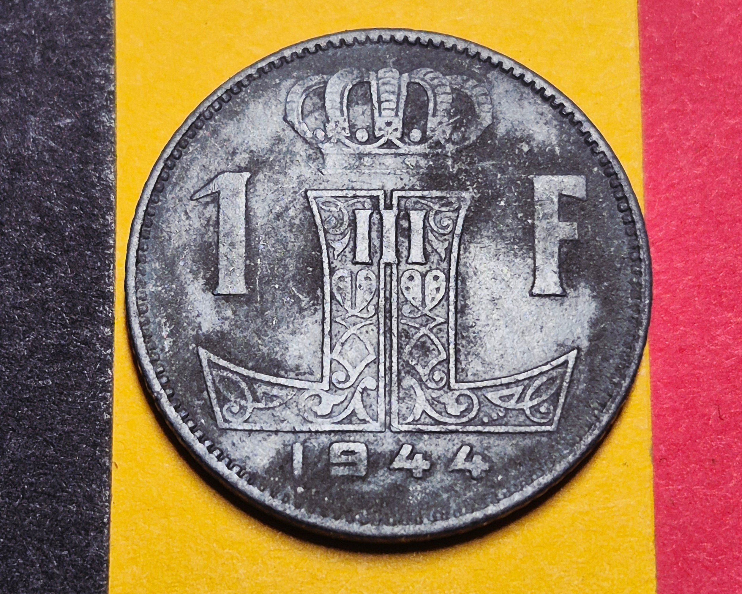 1944 Belgium 1 Franc — WWII / Leopold III — Belgian Lion / Occupation Zinc — F+ to VF