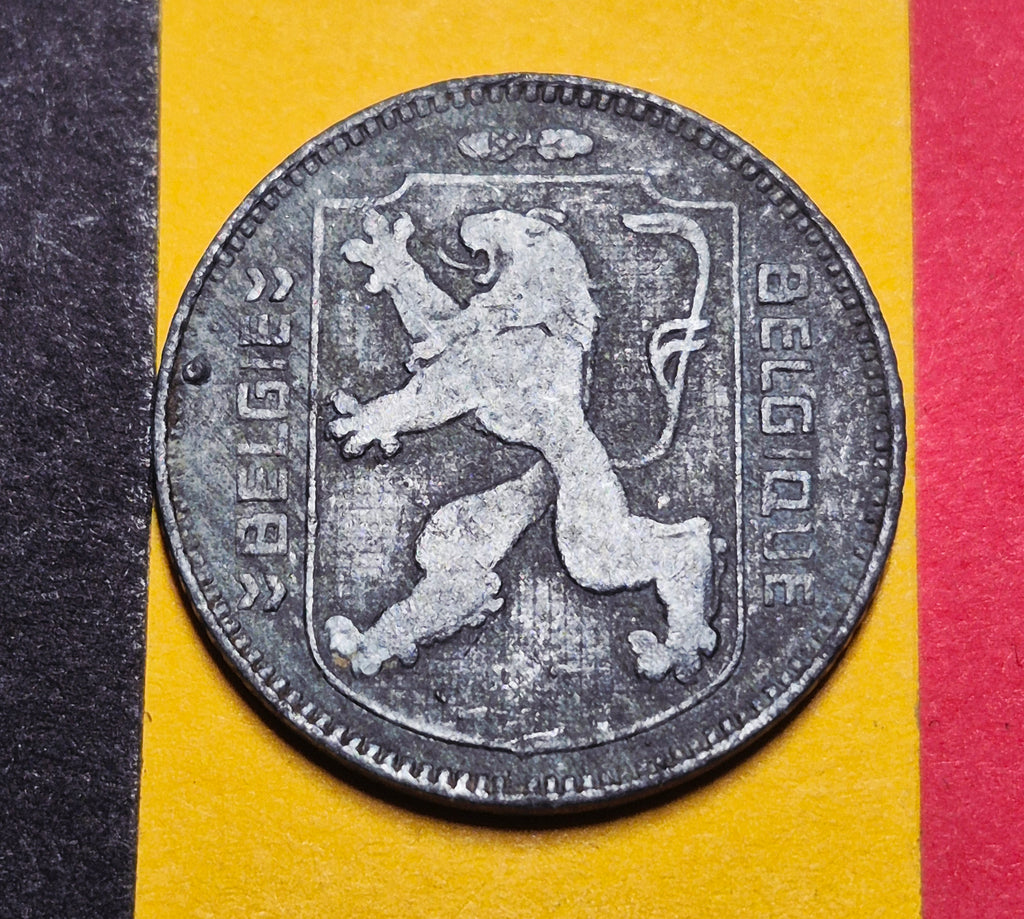 1944 Belgium 1 Franc — WWII / Leopold III — Belgian Lion / Occupation Zinc — F+ to VF