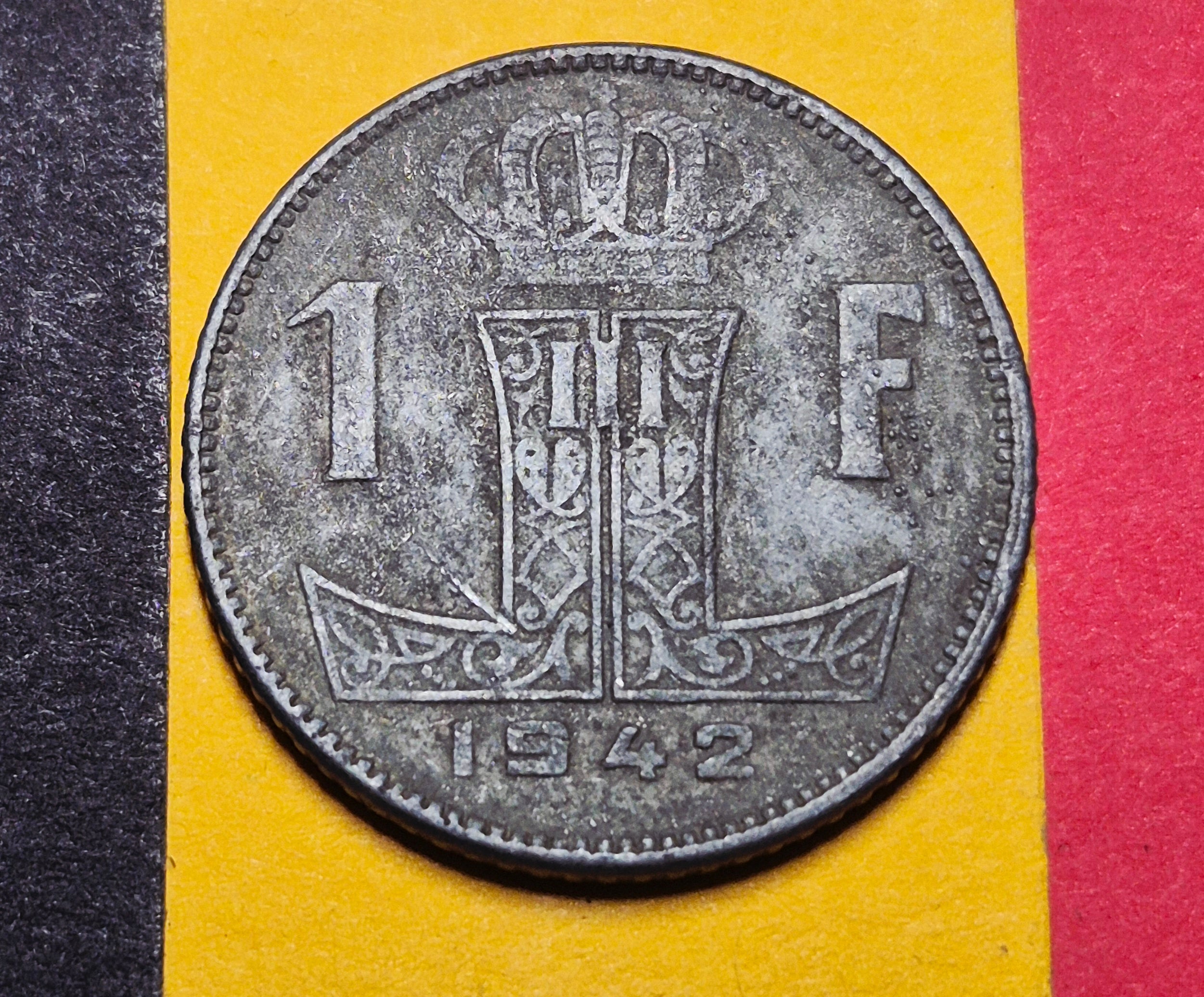 1942 Belgium 1 Franc — WWII / Leopold III — Belgian Lion / Occupation Zinc — F+ to VF