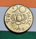 1968 India 20 Paise — Republic of India / Ashoka Lion Capital — Sacred Lotus — Bombay Mint — VF+ to EF