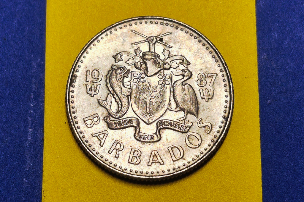 1987 Barbados 10 Cents — National Arms / Laughing Gull — Philip Nathan Design — VF+ to EF
