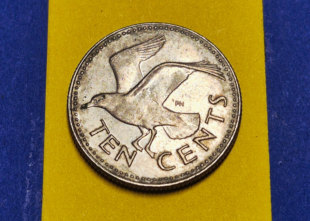 1987 Barbados 10 Cents — National Arms / Laughing Gull — Philip Nathan Design — VF+ to EF