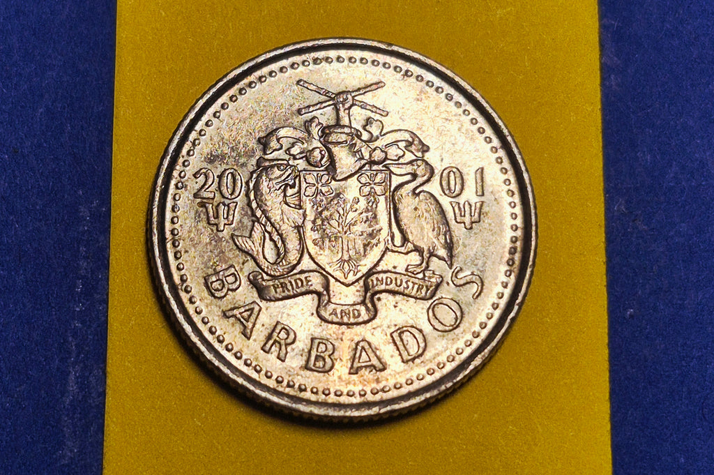 2001 Barbados 10 Cents — National Arms / Laughing Gull — Copper-Nickel — F+ to VF