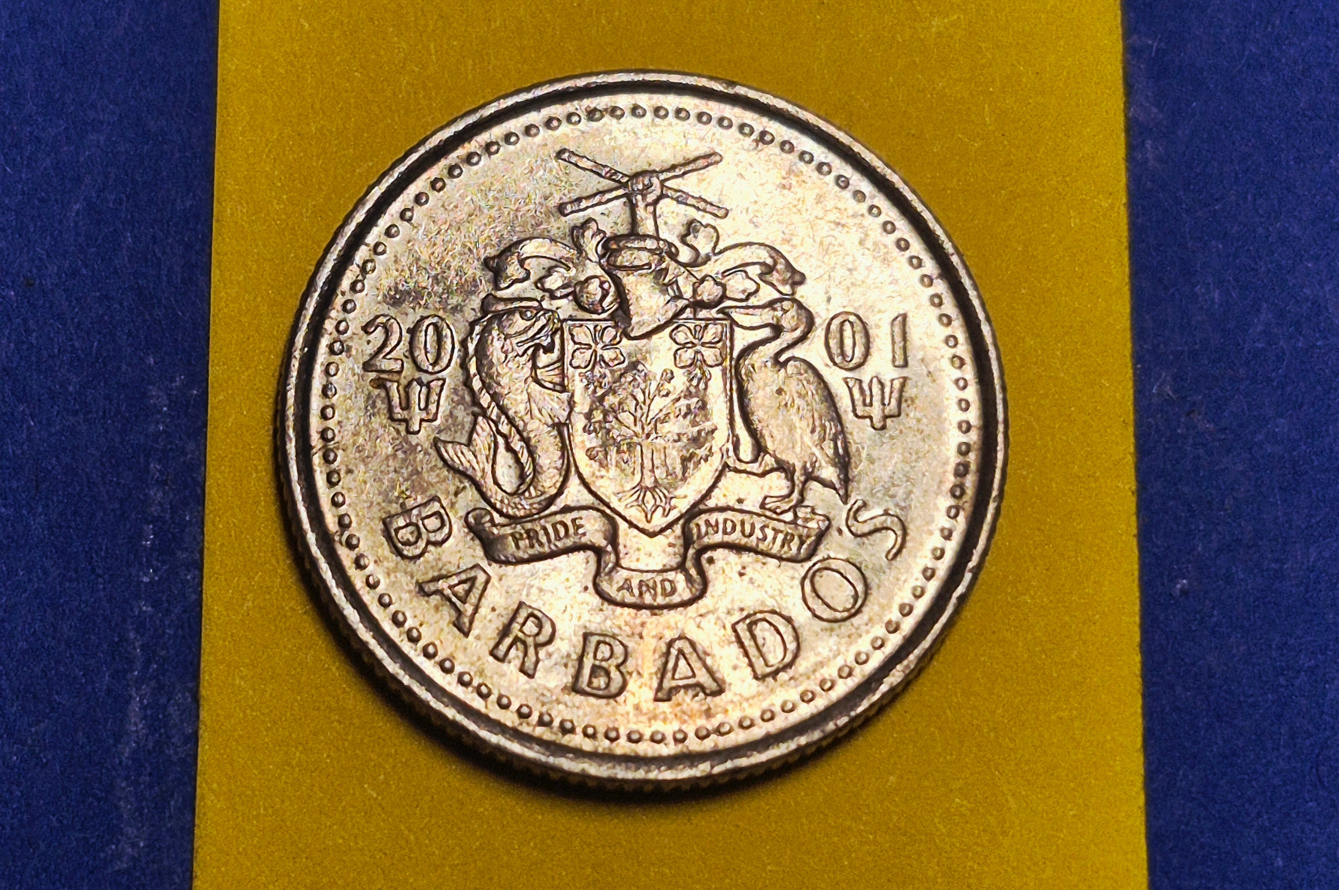 2001 Barbados 10 Cents — National Arms / Laughing Gull — Copper-Nickel — F+ to VF