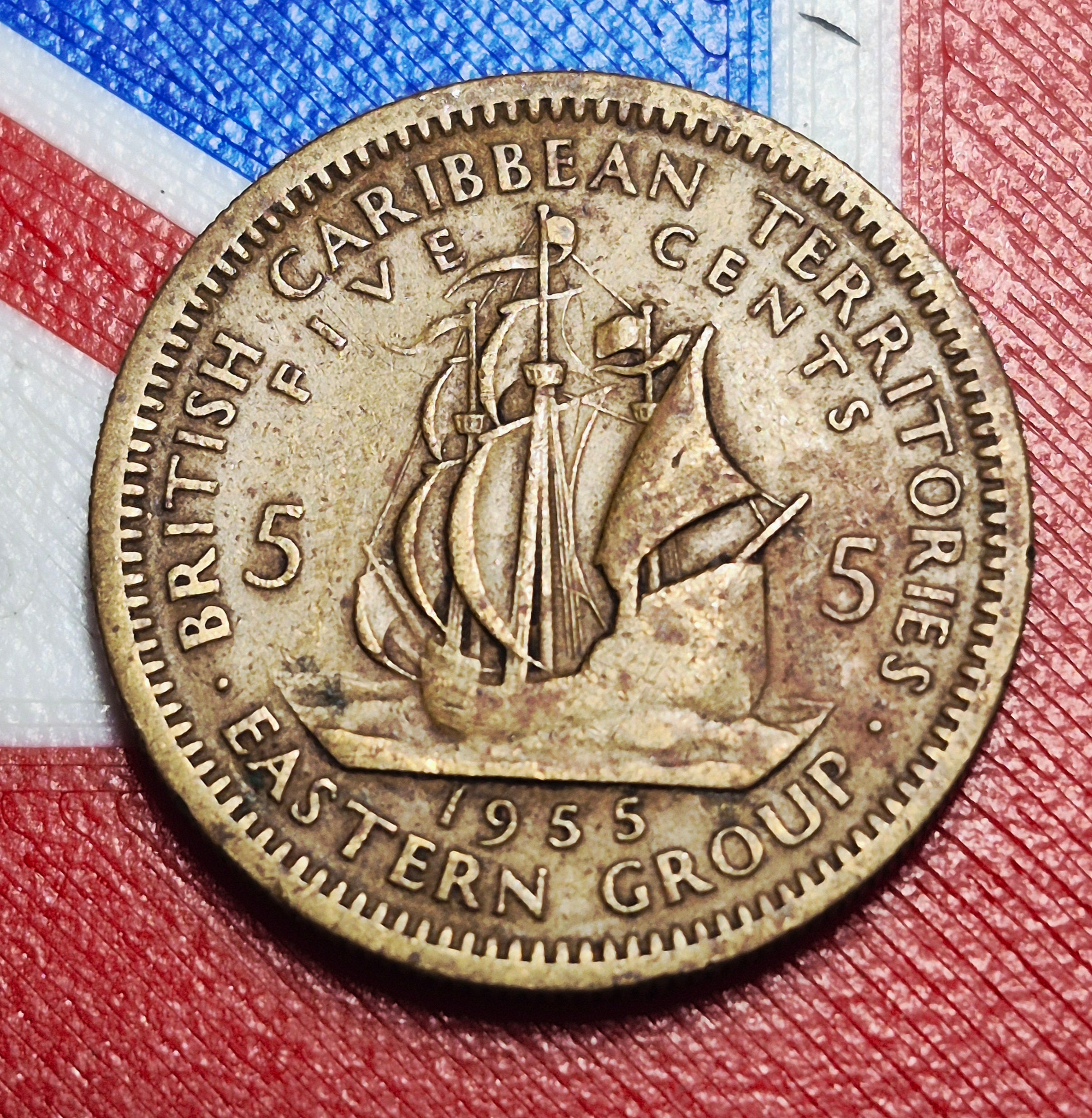 1955 British Caribbean Territories 5 Cents — Elizabeth II / Golden Hind — Nickel Brass — Fine